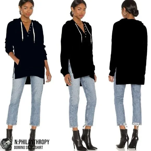 N:PHILANTHROPY DOMINO HOODIE HIGH-LOW SWEATSHIRT IN BLACK CAT WOMEN SIZE SMALL